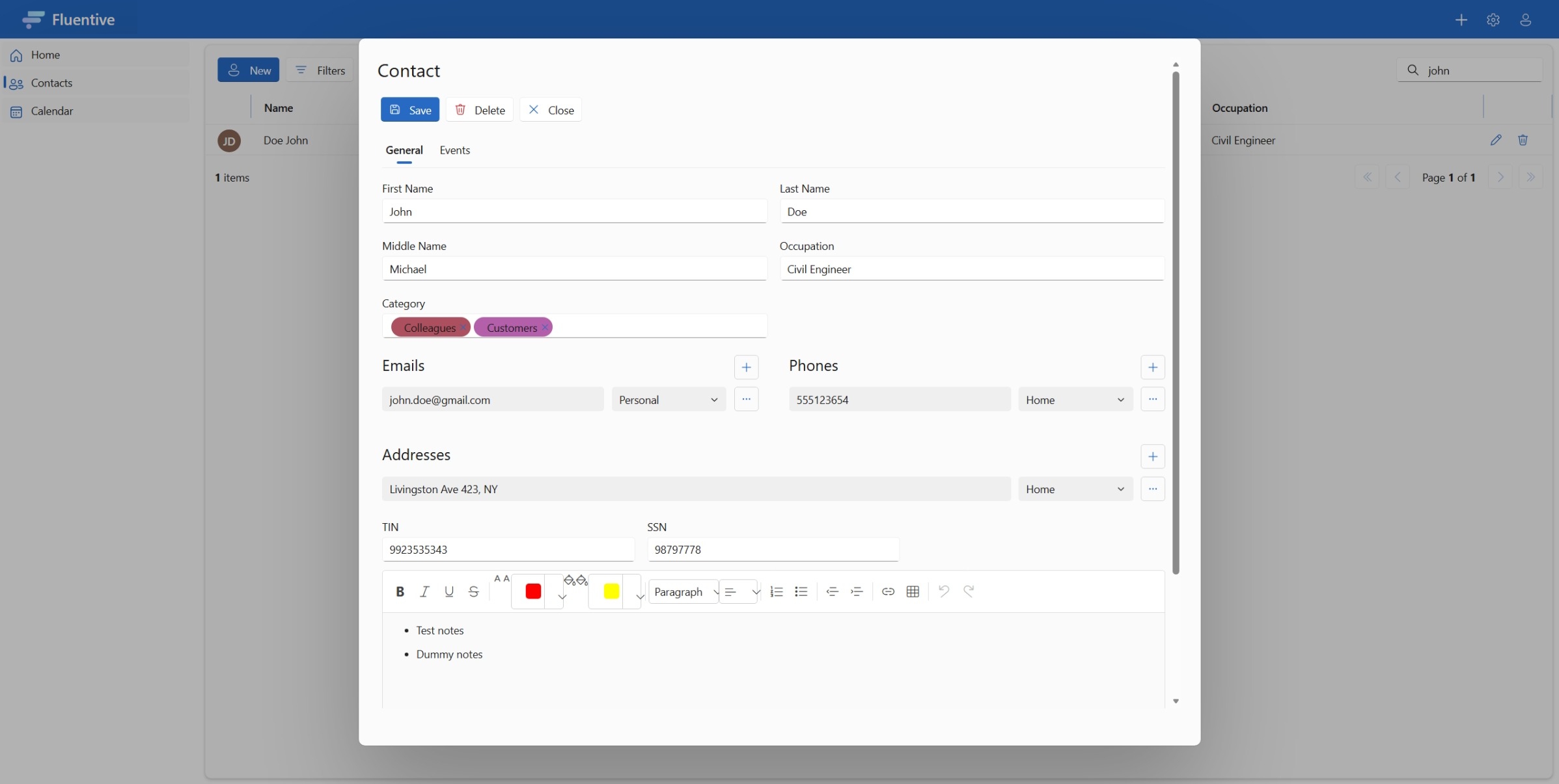 Detailed client contact management form with emails, phones, addresses, and notes