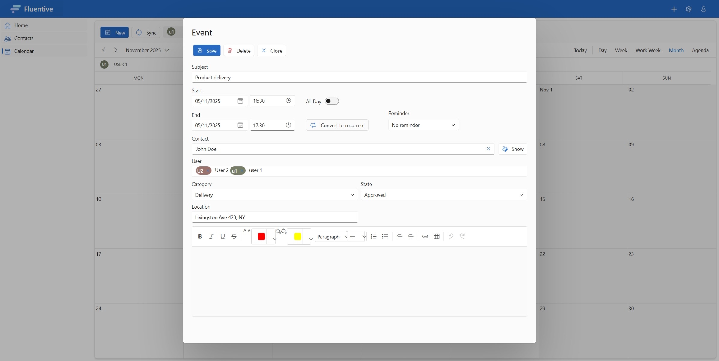 Event and task creation interface with categories, contacts, and notification settings